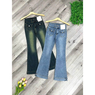 Quần Jeans Nữ Lưng Cao 2 nút Ống loe dài phối túi thời trang co giãn