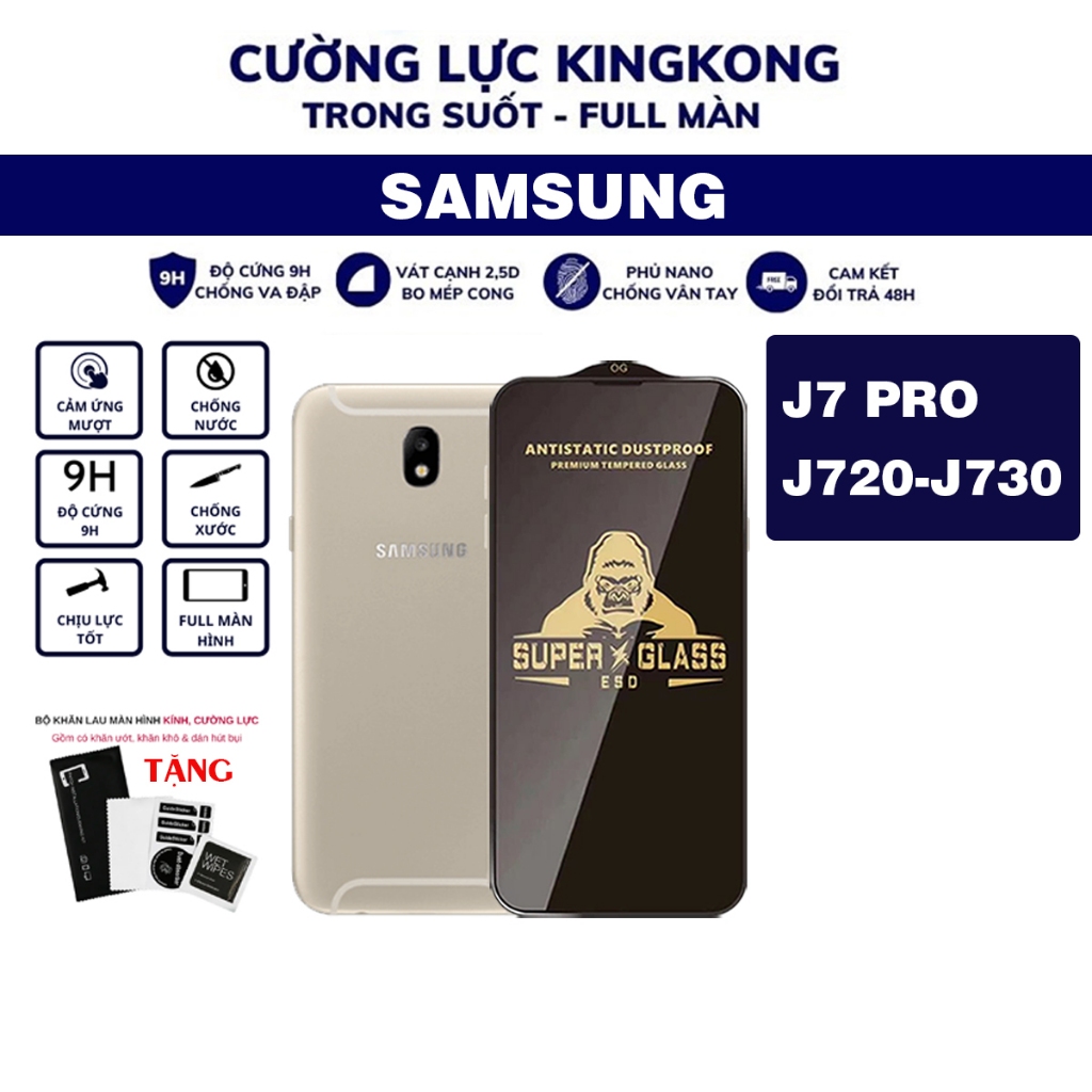 Kính cường lực KingKong Samsung J7 PRO / J720 full màn trong suất , màu đen ,bền ,hạn chế bụi ,xước, vân tay