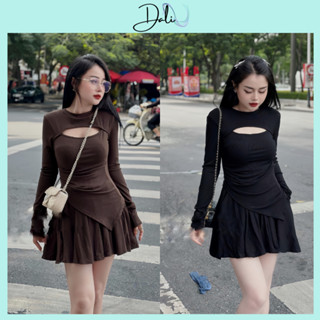 Set Áo Dài Tay Khoét Ngực Rúm Eo + Quần Sooc Xoè Giả Váy, Set Bộ Đồ Nữ Sang Chảnh