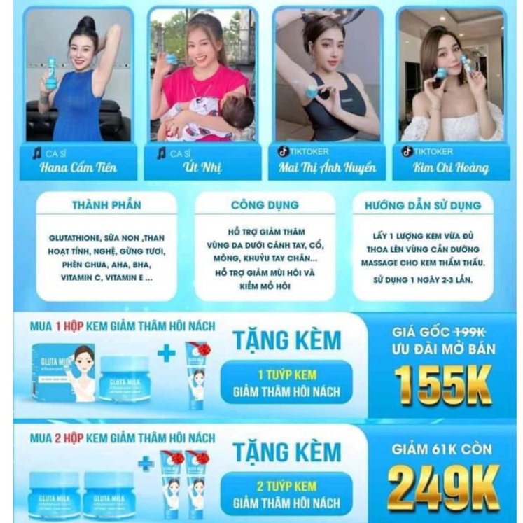Kem thâm nách Gluta Milk giảm thâm ngăn mùi cơ thể hiệu quả hộp 15gram