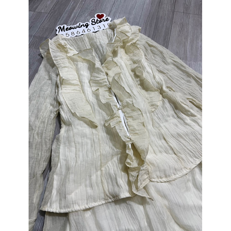 Set Bộ Nữ Áo Tơ Nhăn Nút Ngọc Tay Loe Viền Bèo Kèm Chân Váy