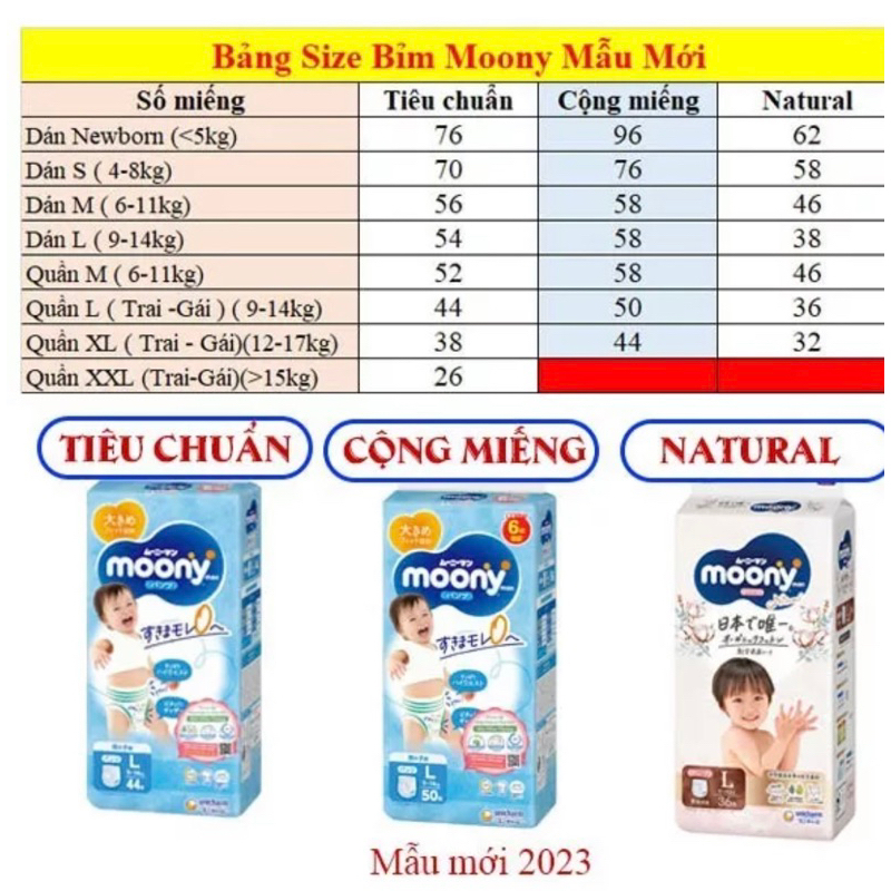 Bỉm Moony nhập khẩu/nội địa tã quần/dán NB90+21,S84+18,M64+14,M58+12,L44boy+10,L44girl+10,XL38boy+8X....