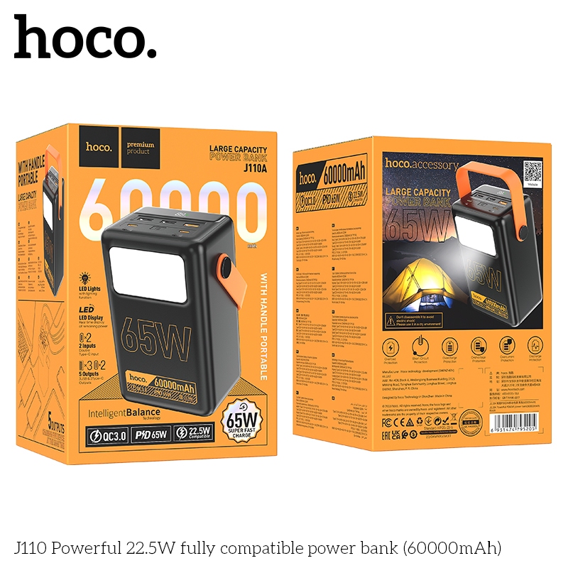 Sạc dự phòng 60000mAh Hoco J110A sạc nhanh 65w có đèn pin LED và quay sách