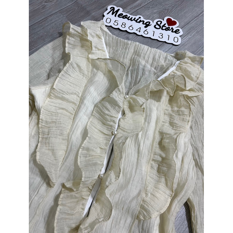 Set Bộ Nữ Áo Tơ Nhăn Nút Ngọc Tay Loe Viền Bèo Kèm Chân Váy