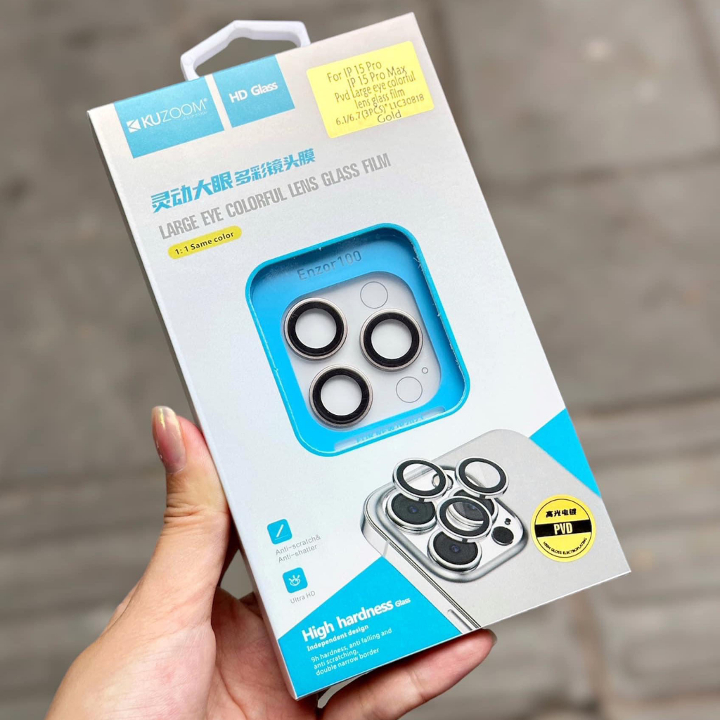 Kính Camera lPHONE KUZOOM PVD 2 Tầng 3D bảo vệ mắt dán Lens Cam chống trầy xước 13 14 15 Pro Max Titan Tankashop99