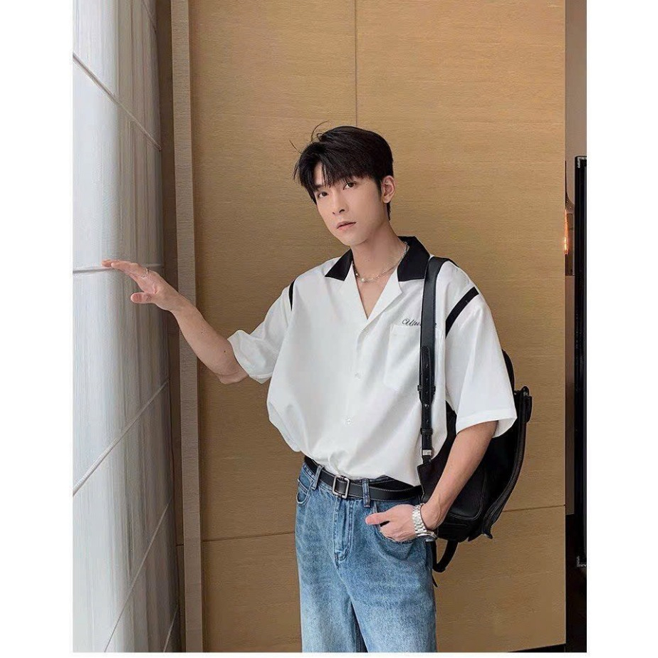 Áo Sơ Mi Nam Nữ Tay Lỡ CỔ VEST CÓ TÚI LOGO THÊU Phong Cách Unisex Ulzzang Minhthu fashion