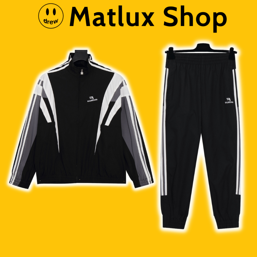 Set đồ BLCG B Sporty 23ss màu đen chất liệu vải dệt lụa cao cấp, Bộ đồ khoác gió thể thao Balen phong cách đường phố