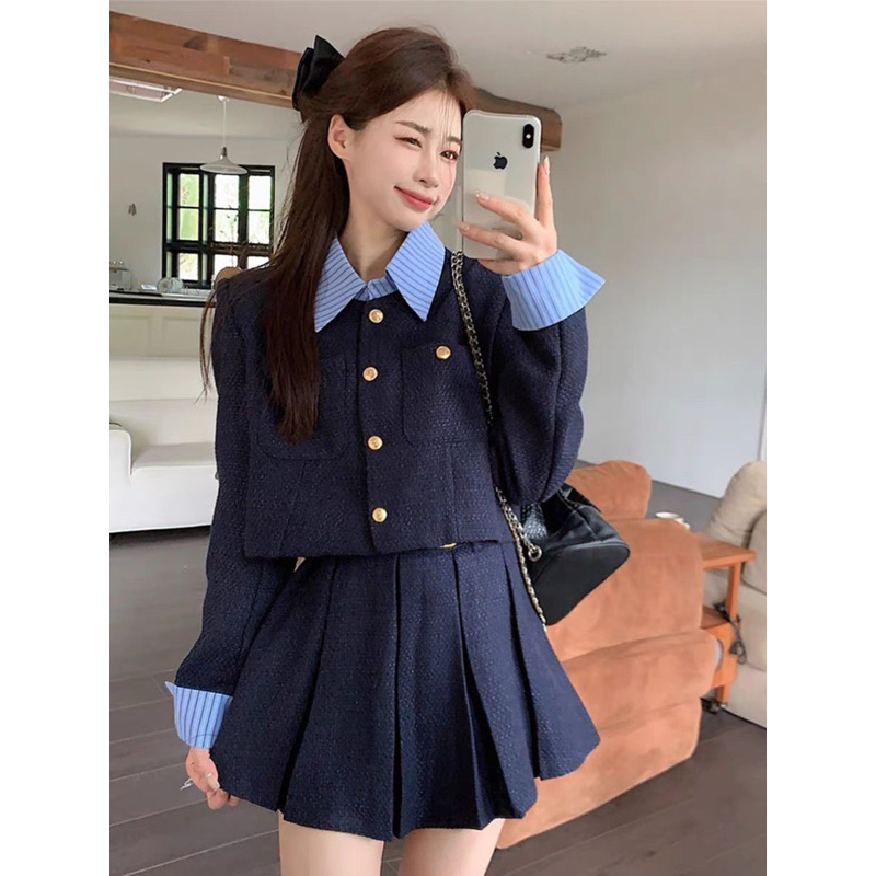 Set Dạ Tex ba món Phối Cổ tay mix chân váy xếp ly kèm đai da sịn sò