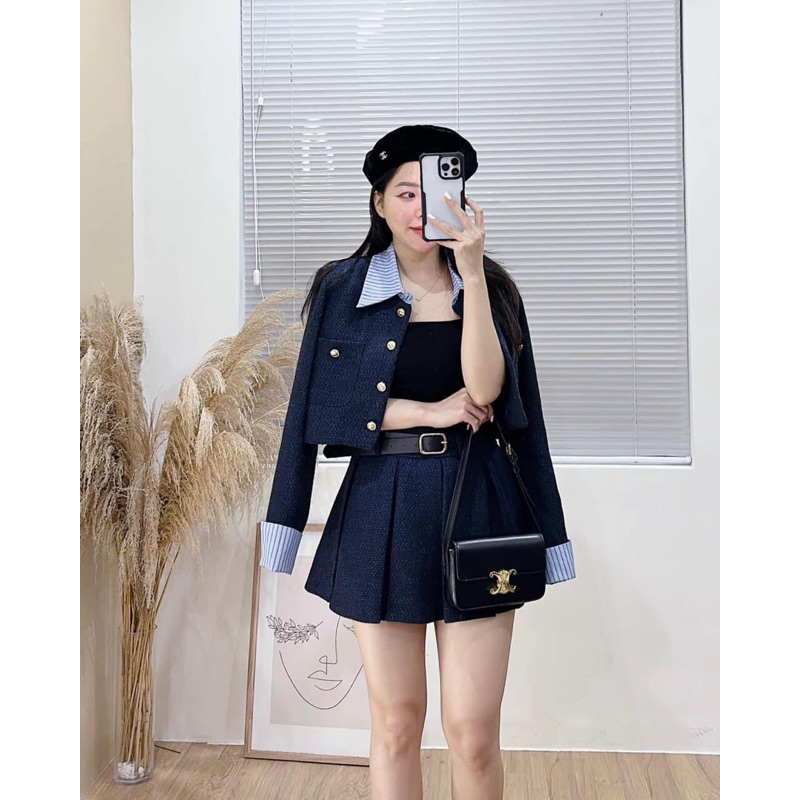 Set Dạ Tex ba món Phối Cổ tay mix chân váy xếp ly kèm đai da sịn sò