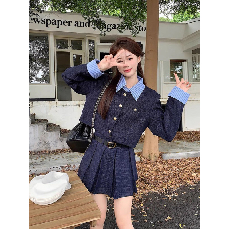 Set Dạ Tex ba món Phối Cổ tay mix chân váy xếp ly kèm đai da sịn sò