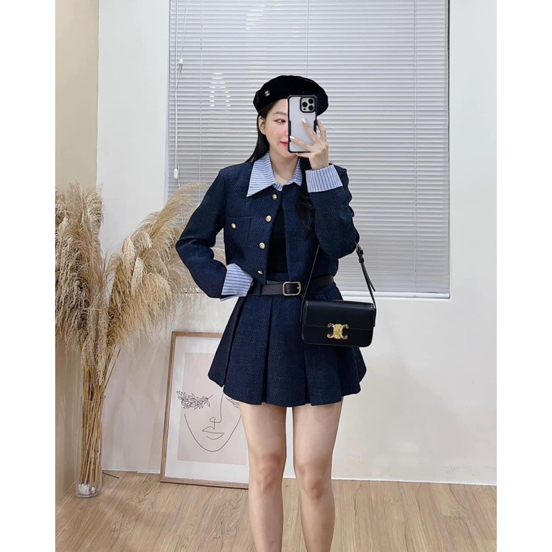 Set Dạ Tex ba món Phối Cổ tay mix chân váy xếp ly kèm đai da sịn sò