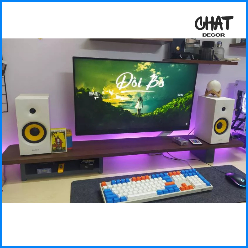 Kệ gỗ để màn hình máy tính có ngăn, kệ màn hình máy tính decor bàn làm việc dài 60/80/100