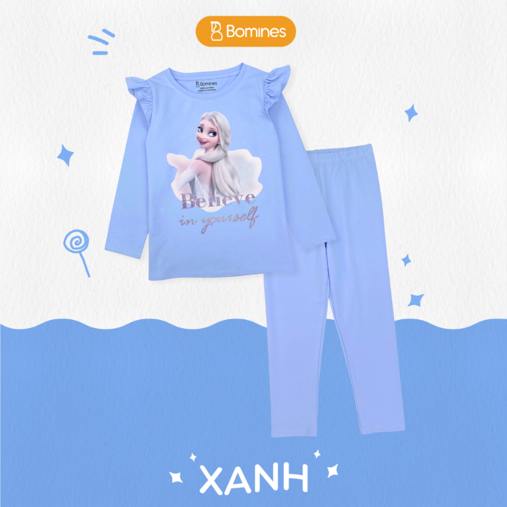 Đồ bộ bé gái tay dài mùa thu công chúa Elsa Bomines thun cotton cho bé gái từ 3- 10 tuổi khoảng 12- 30kg DBTELSAMAY