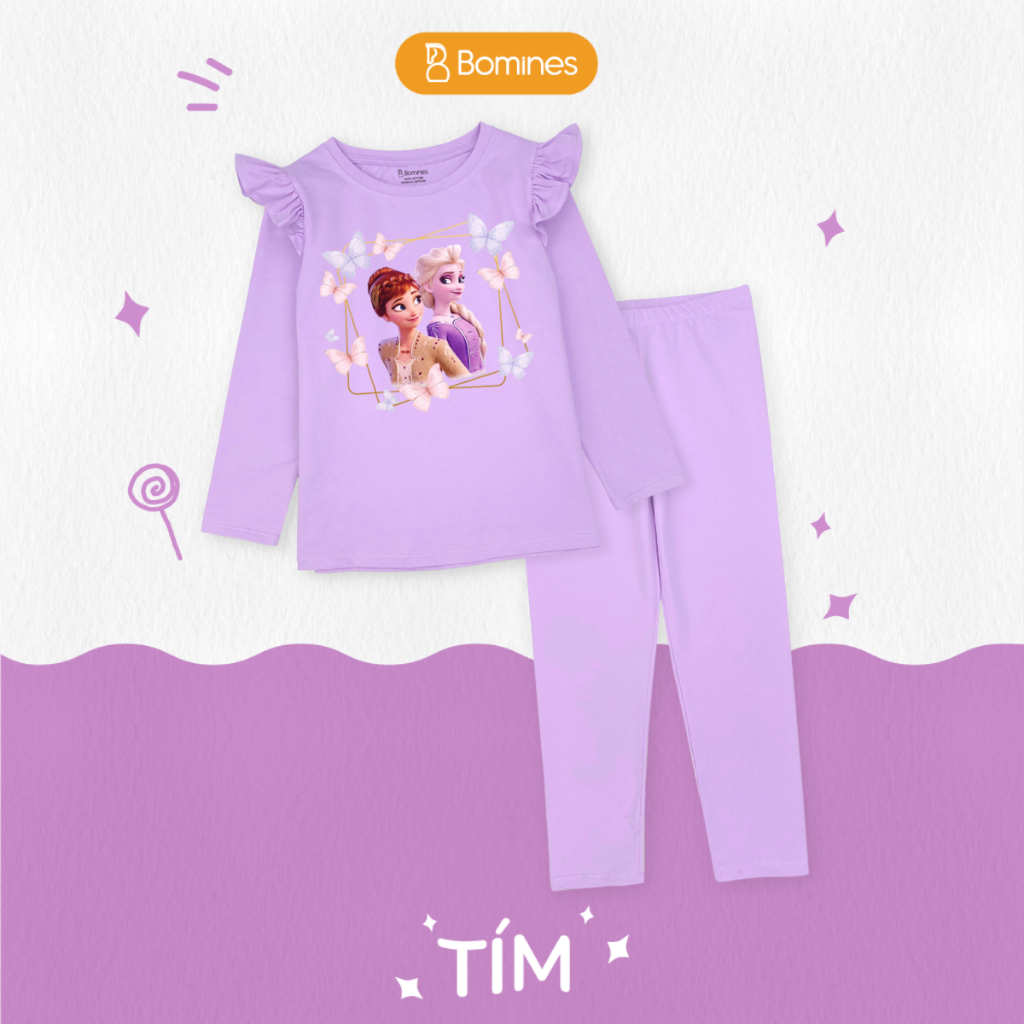 Đồ bộ bé gái tay dài mùa thu công chúa Elsa Bomines thun cotton cho bé gái từ 3- 10 tuổi khoảng 12- 30kg DBTELSAOVUONG