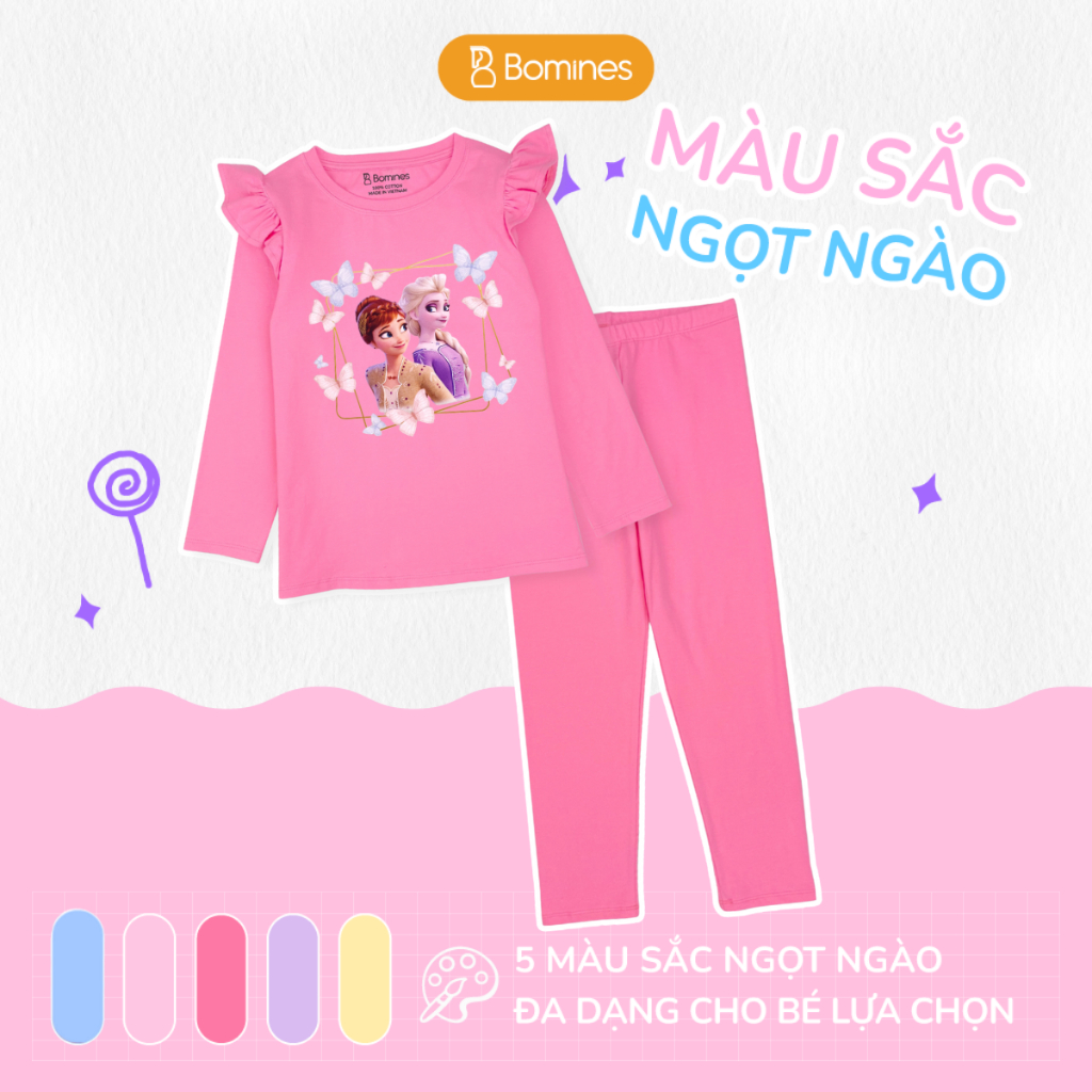Đồ bộ bé gái tay dài mùa thu công chúa Elsa Bomines thun cotton cho bé gái từ 3- 10 tuổi khoảng 12- 30kg DBTELSAOVUONG