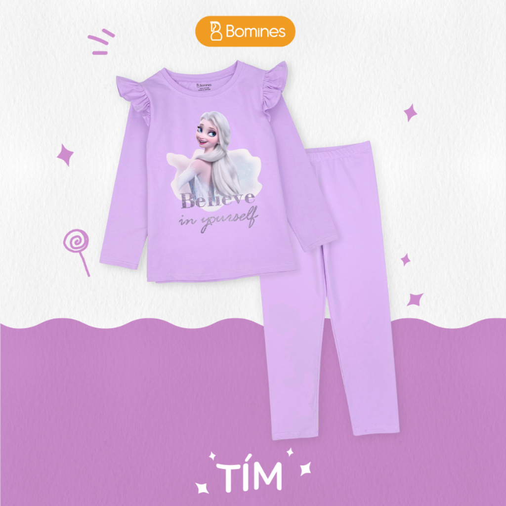 Đồ bộ bé gái tay dài mùa thu công chúa Elsa Bomines thun cotton cho bé gái từ 3- 10 tuổi khoảng 12- 30kg DBTELSAMAY