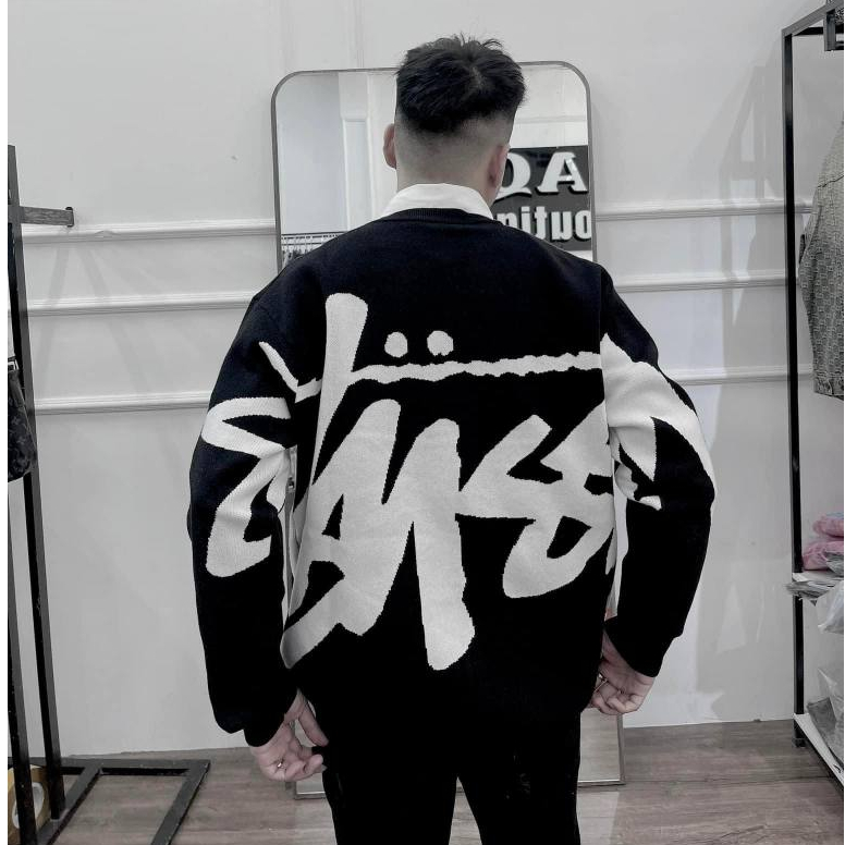 Áo len thêu tay dệt kim dáng rộng phong cách đường phố in chữ Stussy thời trang nam nữ unisex li-ke auth
