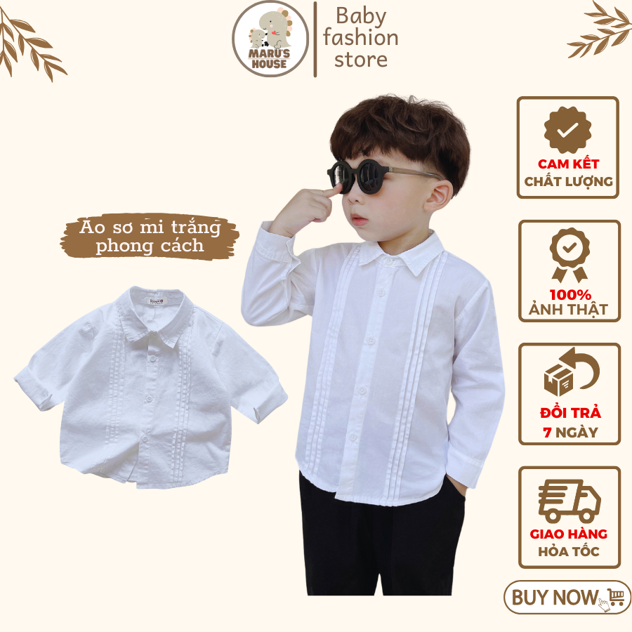 Áo sơ mi trắng dài tay cho bé trai phong cách Maruhouse - Áo sơ mi vải thô Hàn cao cấp cho bé từ 8-25kg