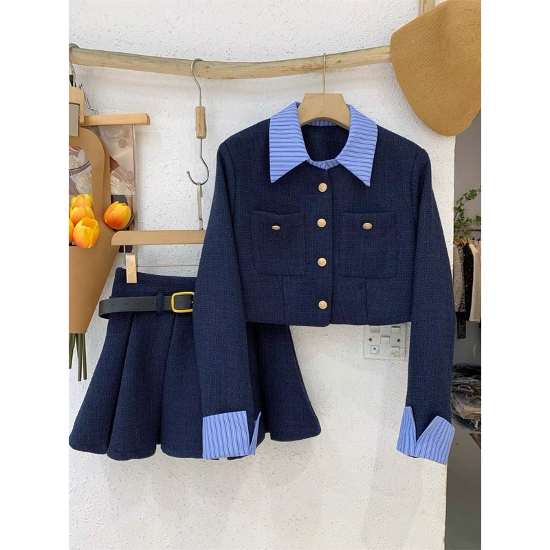 Set Dạ Tex ba món Phối Cổ tay mix chân váy xếp ly kèm đai da sịn sò