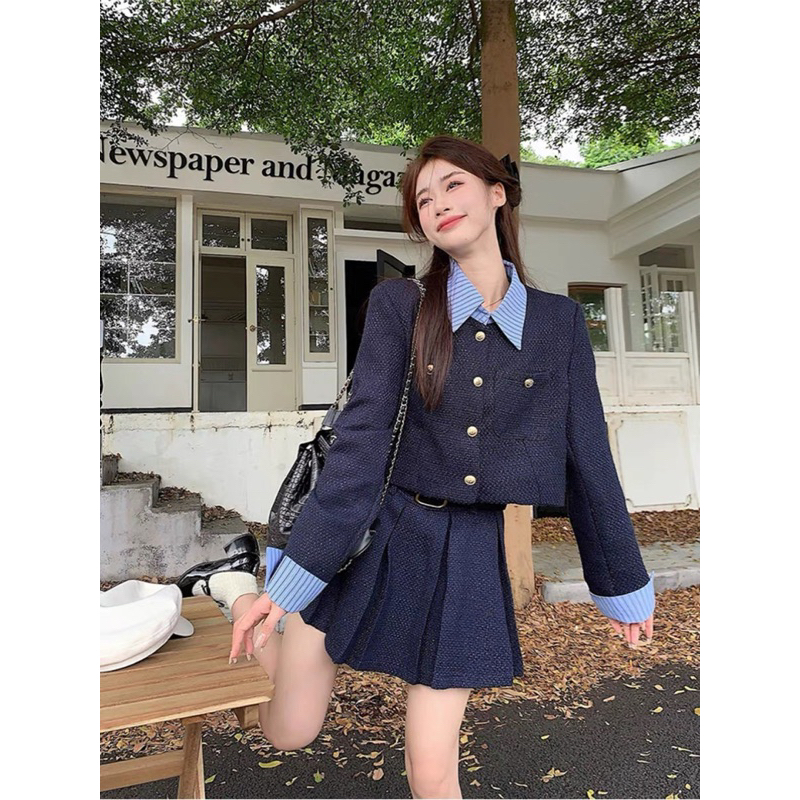 Set Dạ Tex ba món Phối Cổ tay mix chân váy xếp ly kèm đai da sịn sò