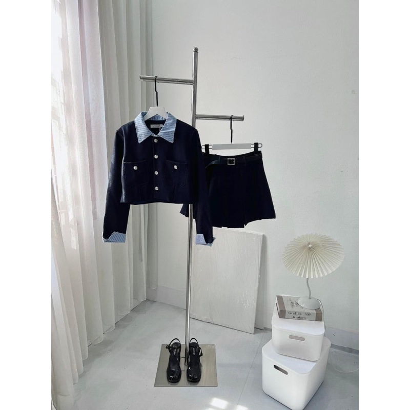 Set Dạ Tex ba món Phối Cổ tay mix chân váy xếp ly kèm đai da sịn sò