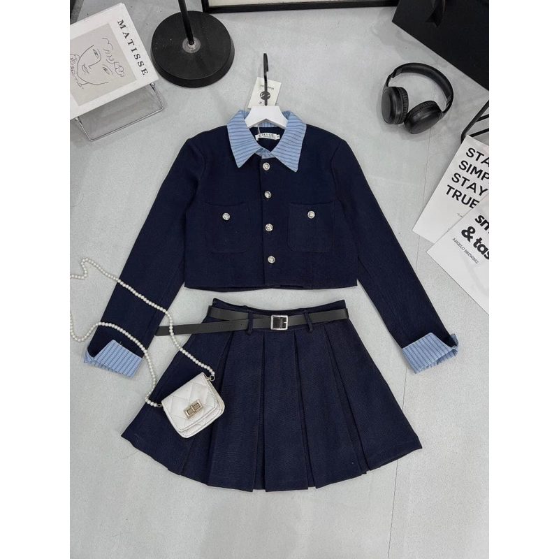 Set Dạ Tex ba món Phối Cổ tay mix chân váy xếp ly kèm đai da sịn sò