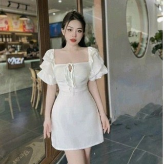 Đầm tiểu thư tay phồng cột nơ mặc được 2 kiểu vải kate lụa BC