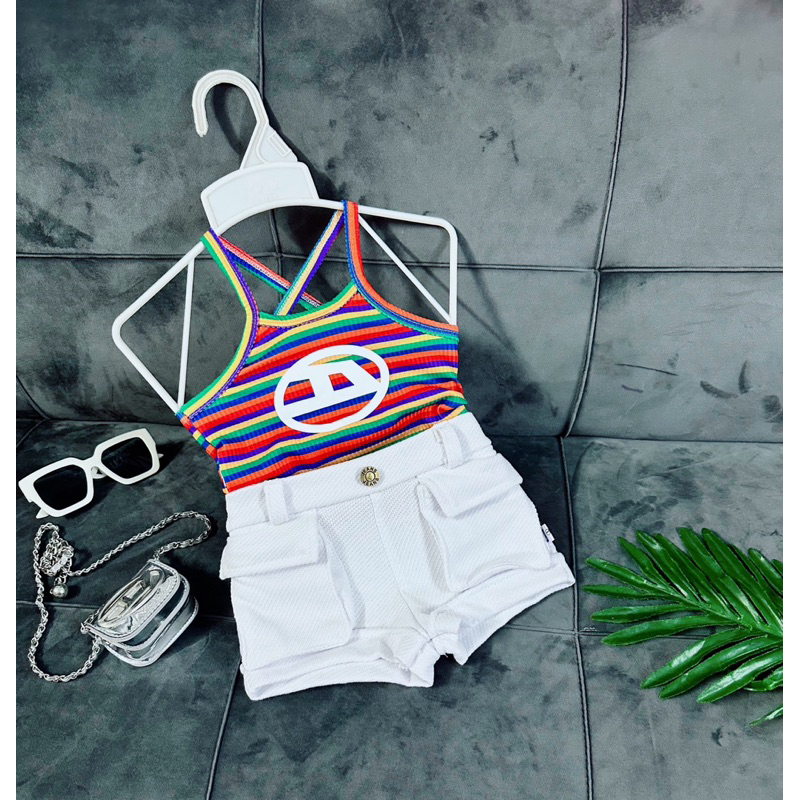 Set Bộ Áo Thun Sọc Quần Túi Hộp Trắng Bé Gái