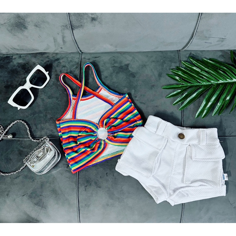 Set Bộ Áo Thun Sọc Quần Túi Hộp Trắng Bé Gái