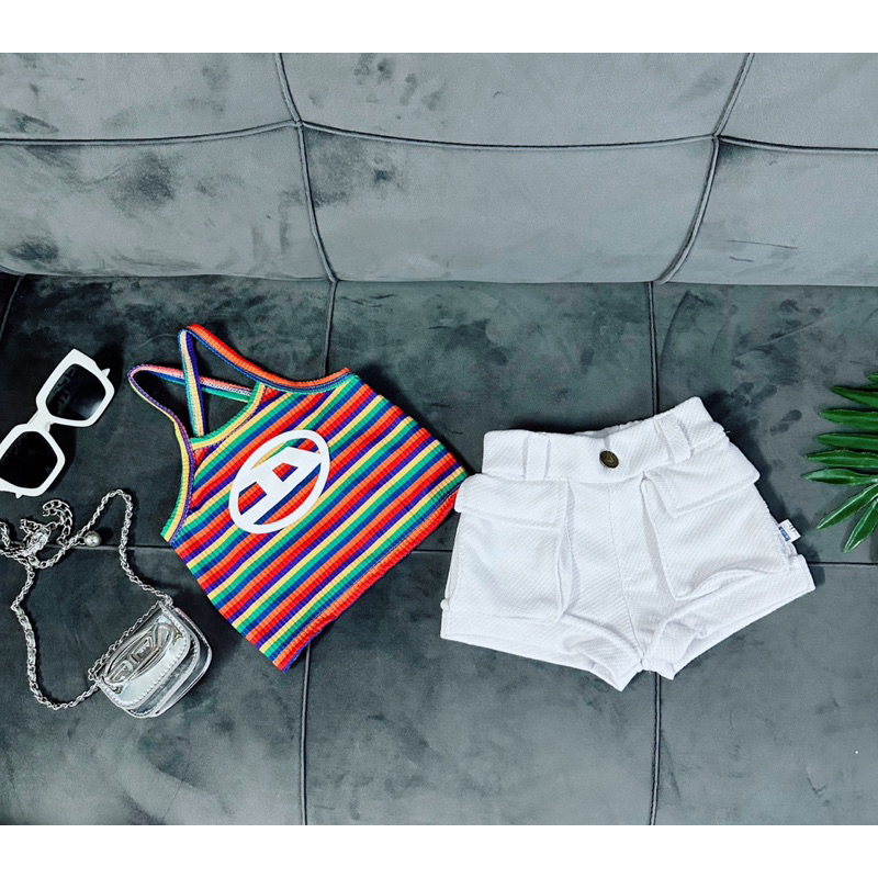 Set Bộ Áo Thun Sọc Quần Túi Hộp Trắng Bé Gái