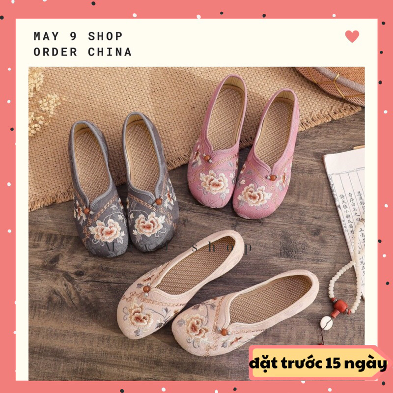 Giày Nữ thêu hoa cổ trang đế bằng nhẹ êm