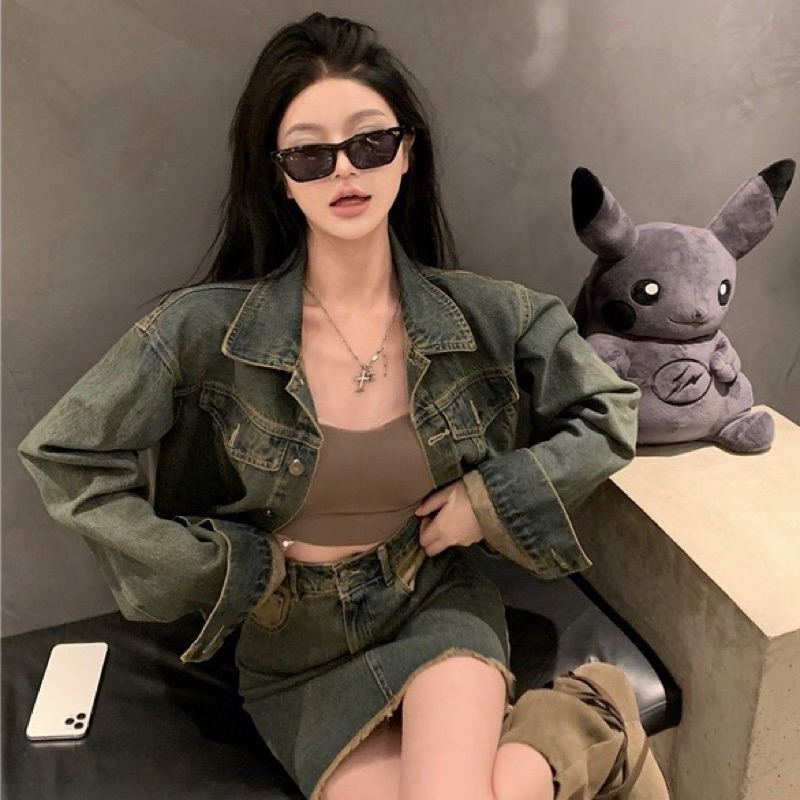 Set bò Jean quảng châu áo dài tay + chân váy siêu chấtSet jeans, set bò, set jeans hot, set jeans crotop, set bò cá tính