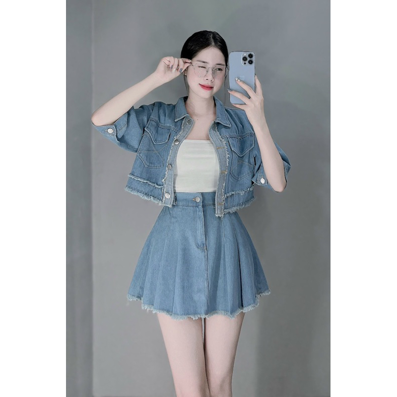 Set áo có cổ tay ngắn croptop + chân váy chữ A lưng cao xếp ly túi hộp rách nhẹ denim, jeans, Set 8