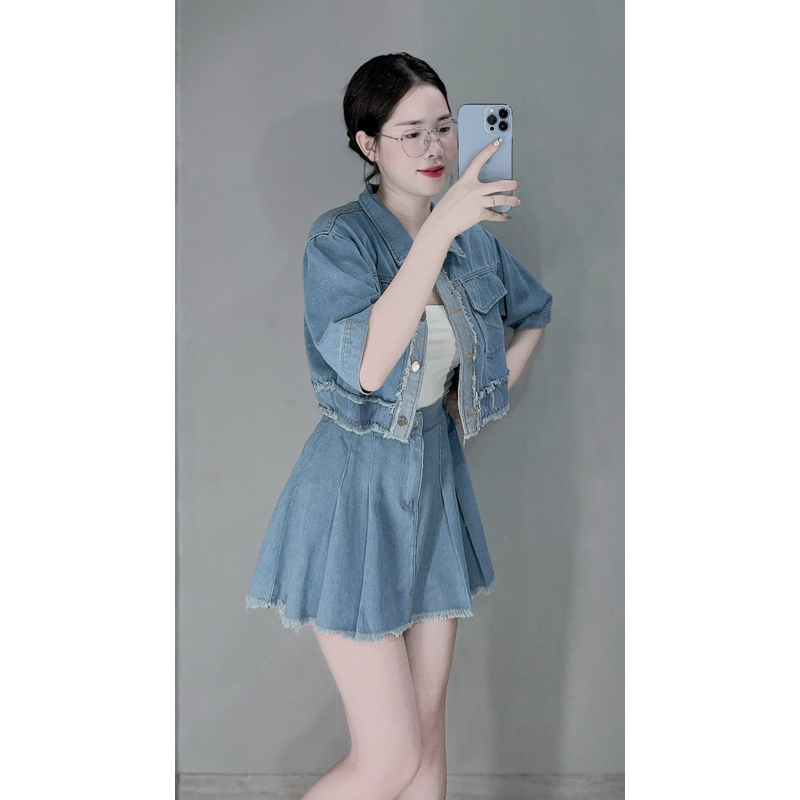 Set áo có cổ tay ngắn croptop + chân váy chữ A lưng cao xếp ly túi hộp rách nhẹ denim, jeans, Set 8