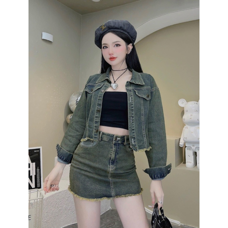 Set bò Jean quảng châu áo dài tay + chân váy siêu chấtSet jeans, set bò, set jeans hot, set jeans crotop, set bò cá tính