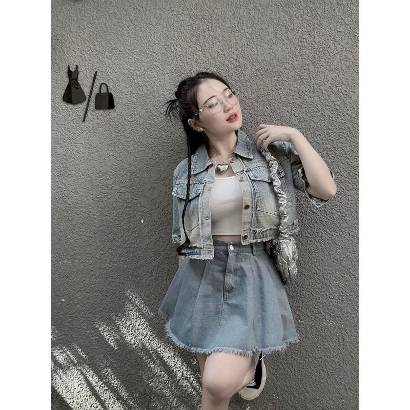 Set áo có cổ tay ngắn croptop + chân váy chữ A lưng cao xếp ly túi hộp rách nhẹ denim, jeans, Set 8