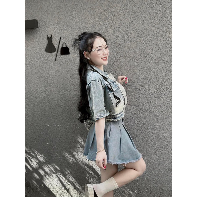 Set áo có cổ tay ngắn croptop + chân váy chữ A lưng cao xếp ly túi hộp rách nhẹ denim, jeans, Set 8
