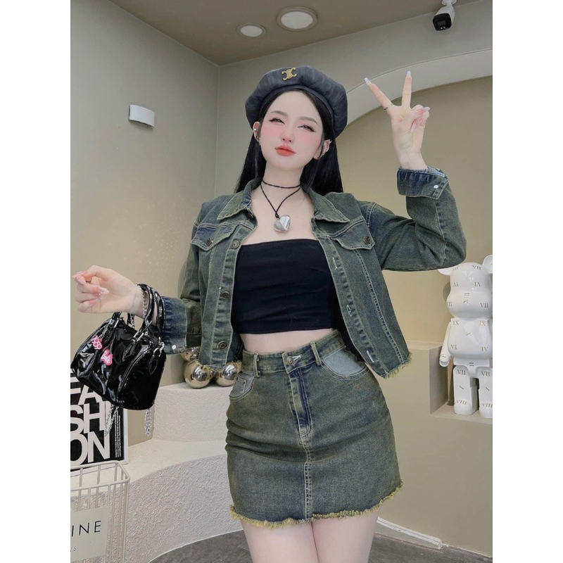 Set bò Jean quảng châu áo dài tay + chân váy siêu chấtSet jeans, set bò, set jeans hot, set jeans crotop, set bò cá tính