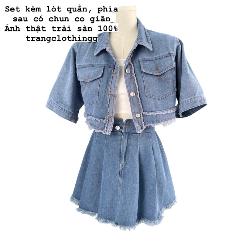 Set áo có cổ tay ngắn croptop + chân váy chữ A lưng cao xếp ly túi hộp rách nhẹ denim, jeans, Set 8
