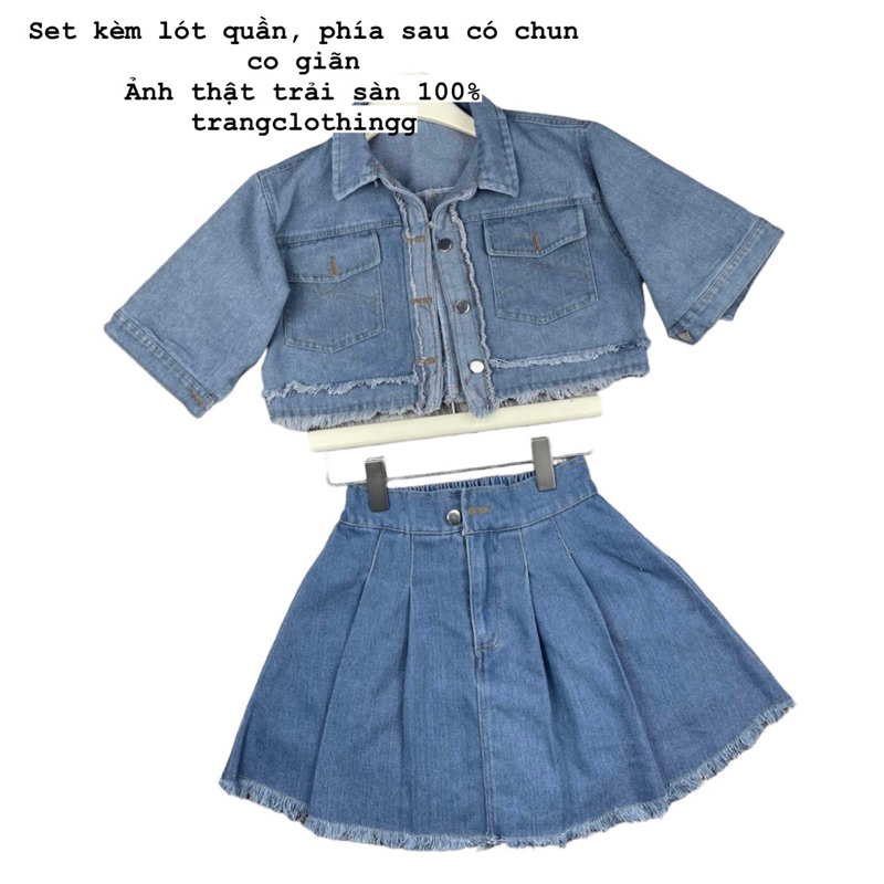 Set áo có cổ tay ngắn croptop + chân váy chữ A lưng cao xếp ly túi hộp rách nhẹ denim, jeans, Set 8