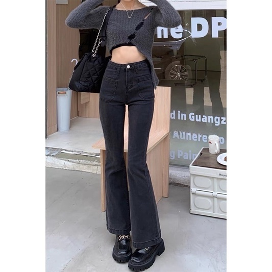 Quần jeans loe xám , Quần jeans loe xám 2 túi mặt trước phong cách hàn 2024 X13