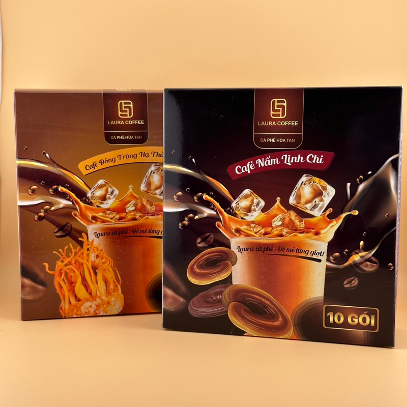 Combo 2 Sản phẩm Cà phê Nấm Linh Chi + Đông Trùng Hạ Thảo Laura Coffee hộp 10 gói