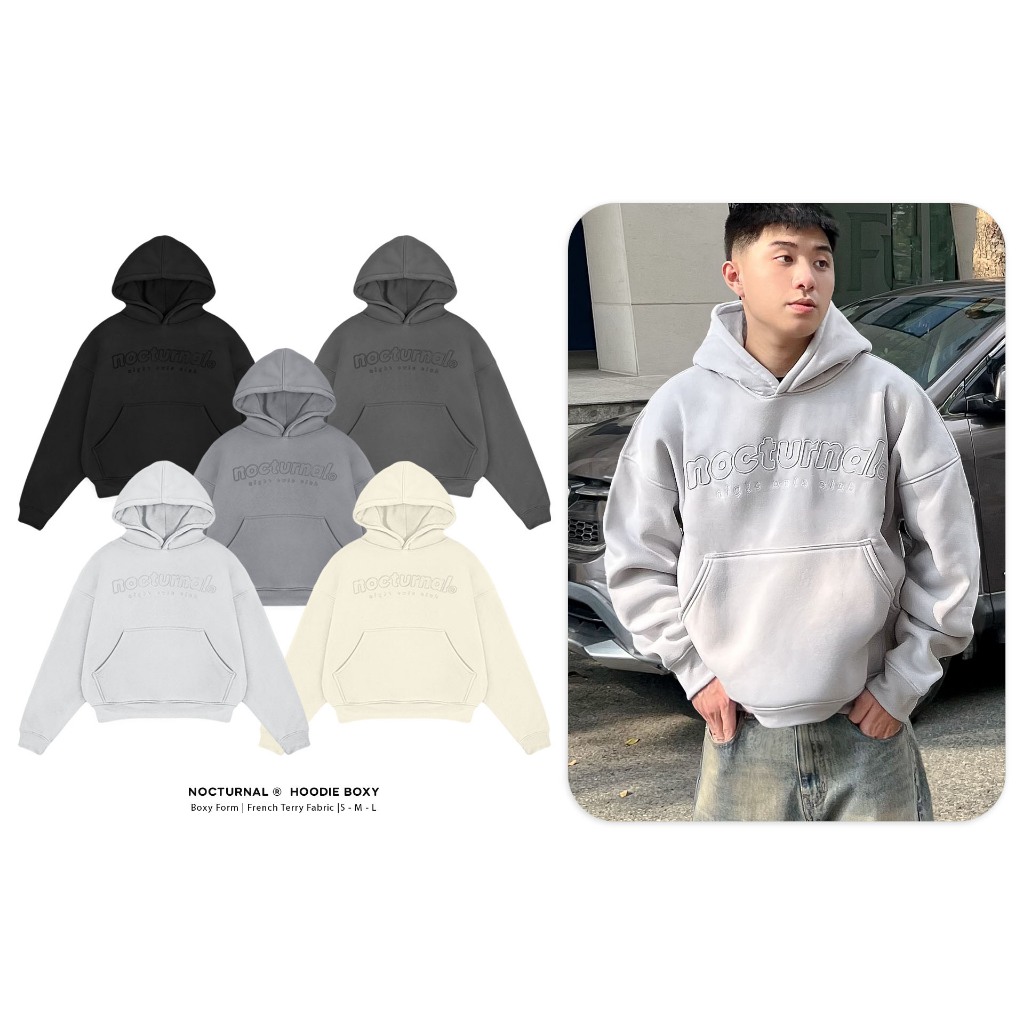 Áo Hoodie Boxy NOCTURNAL Thêu Nỉ Bông Unisex Local Brand