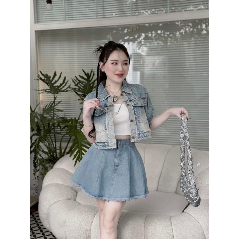 Set áo có cổ tay ngắn croptop + chân váy chữ A lưng cao xếp ly túi hộp rách nhẹ denim, jeans, Set 8
