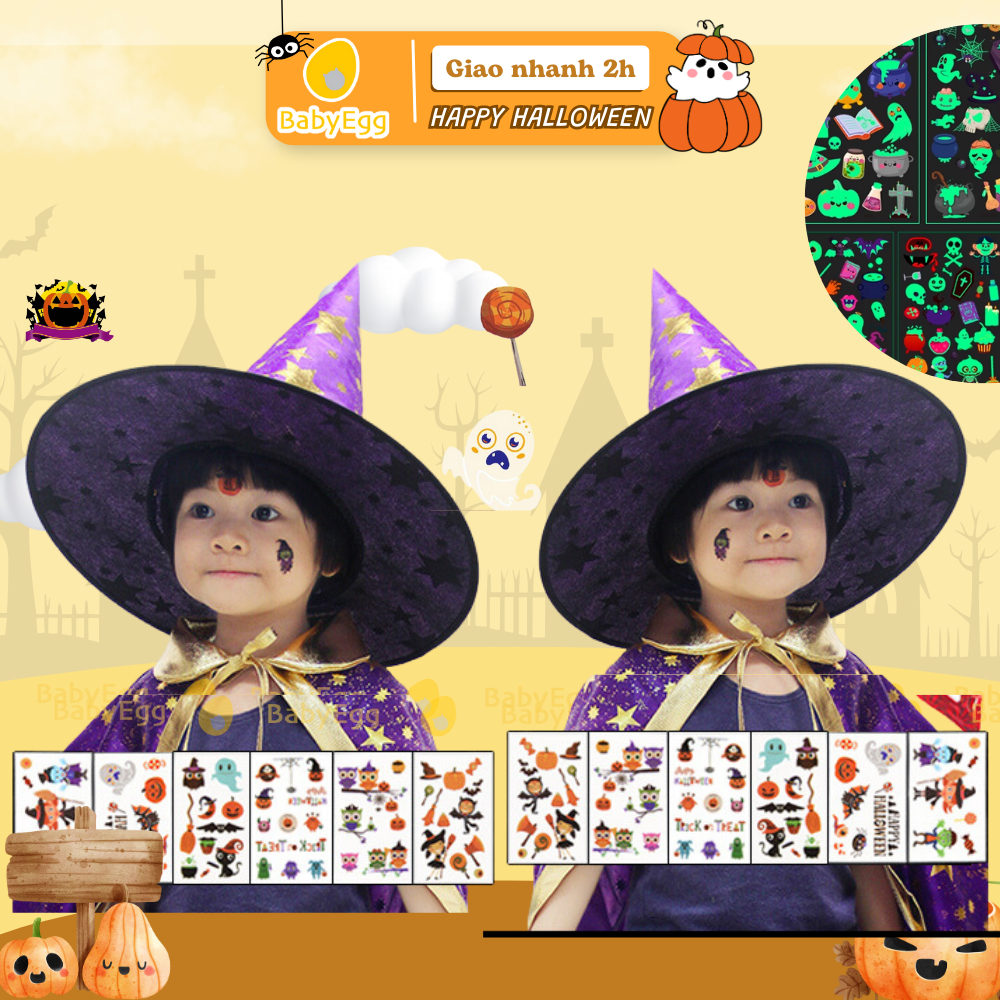 Sticker hình xăm halloween dạ quang phát sáng hoạ tiết phù thủy đáng yêu cho bé, hình xăm chủ đề lễ hội hóa trang