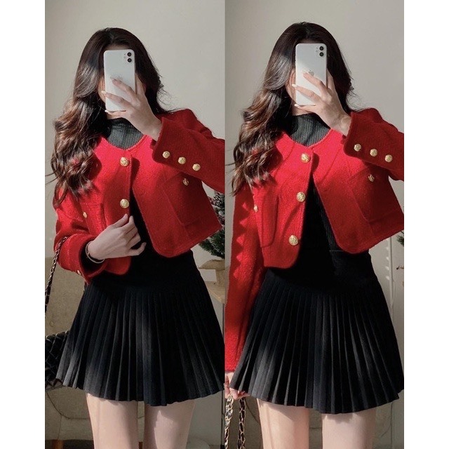 ÁO KHOÁC DẠ DÁNG CROPTOP CÚC ĐỒNG TÚI TRƯỚC TIỂU THƯ FREESIZE DƯỚI 55KG