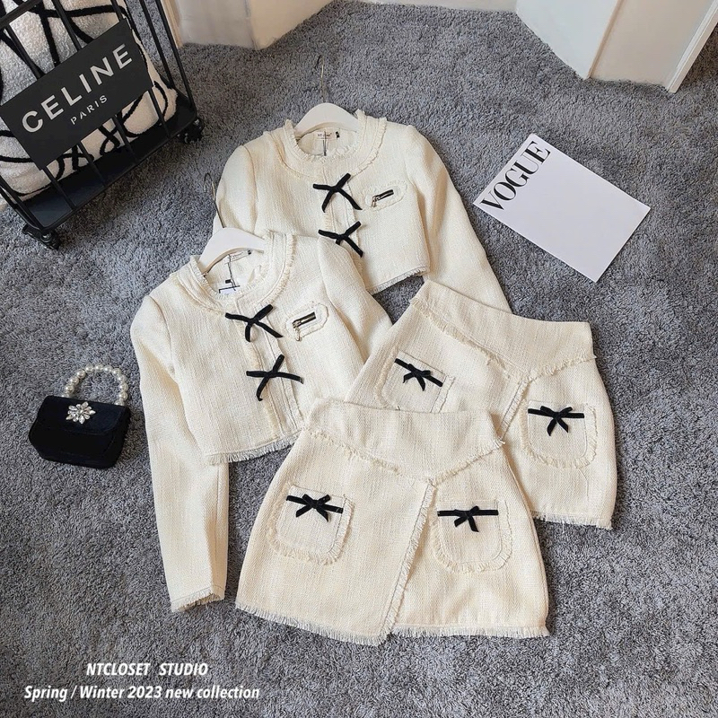 Set dạ tweed đính nơ