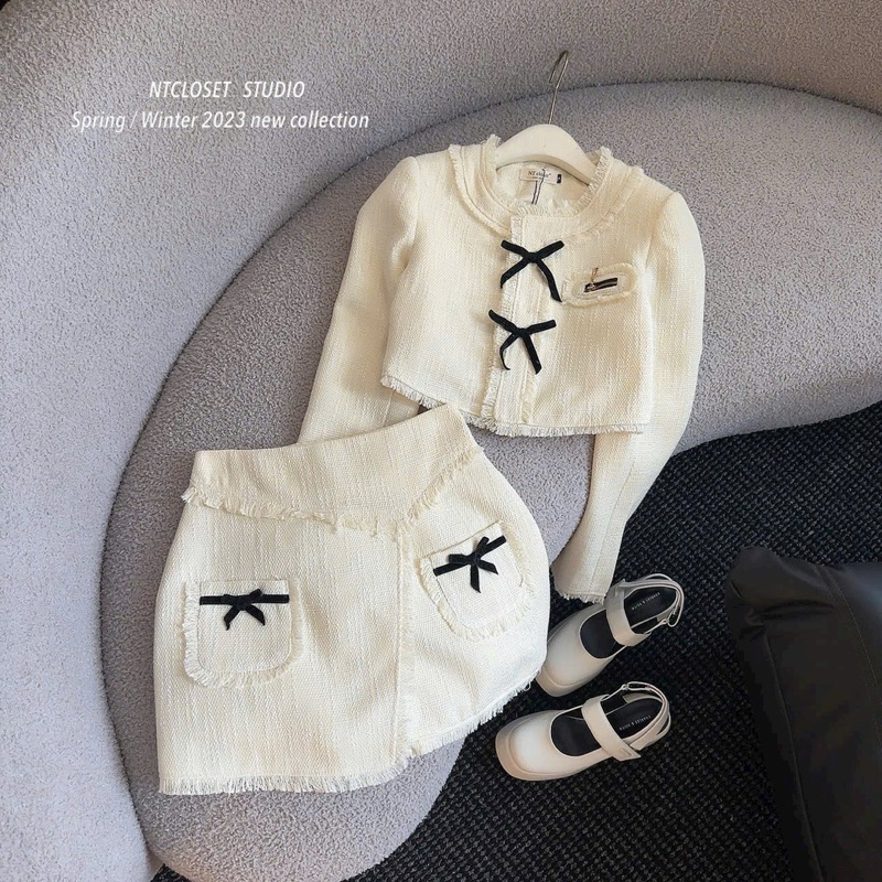 Set dạ tweed đính nơ