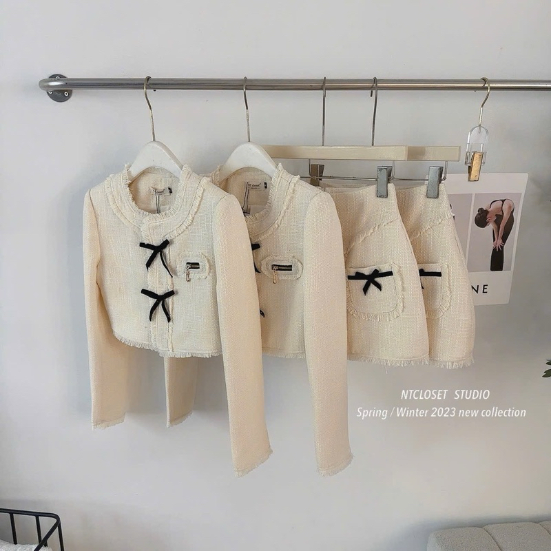 Set dạ tweed đính nơ