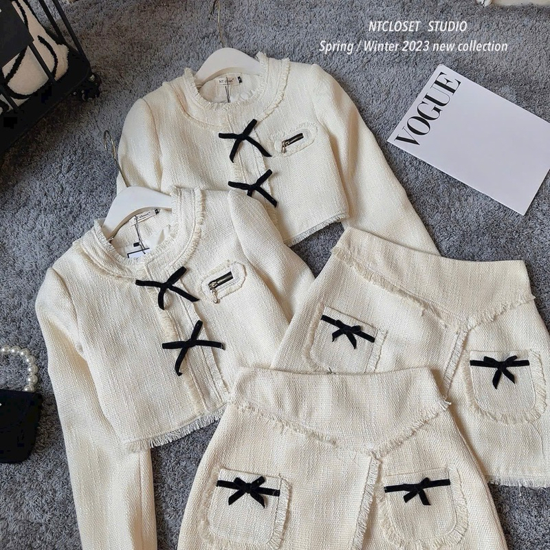 Set dạ tweed đính nơ